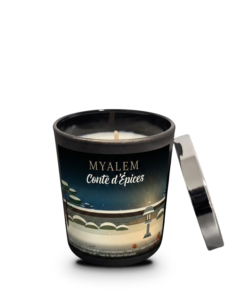 Bougie parfumée Myalem Conte d'Épices, verre noir et couvercle métal