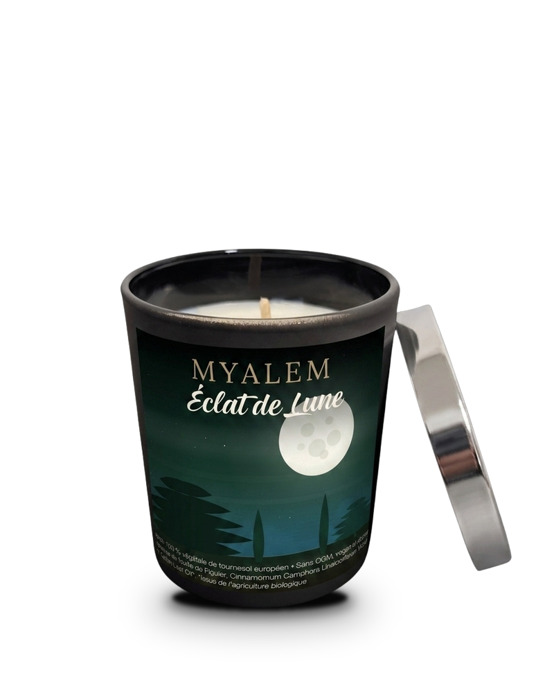 Bougie parfumée Myalem Éclat de Lune, verre noir et couvercle métal