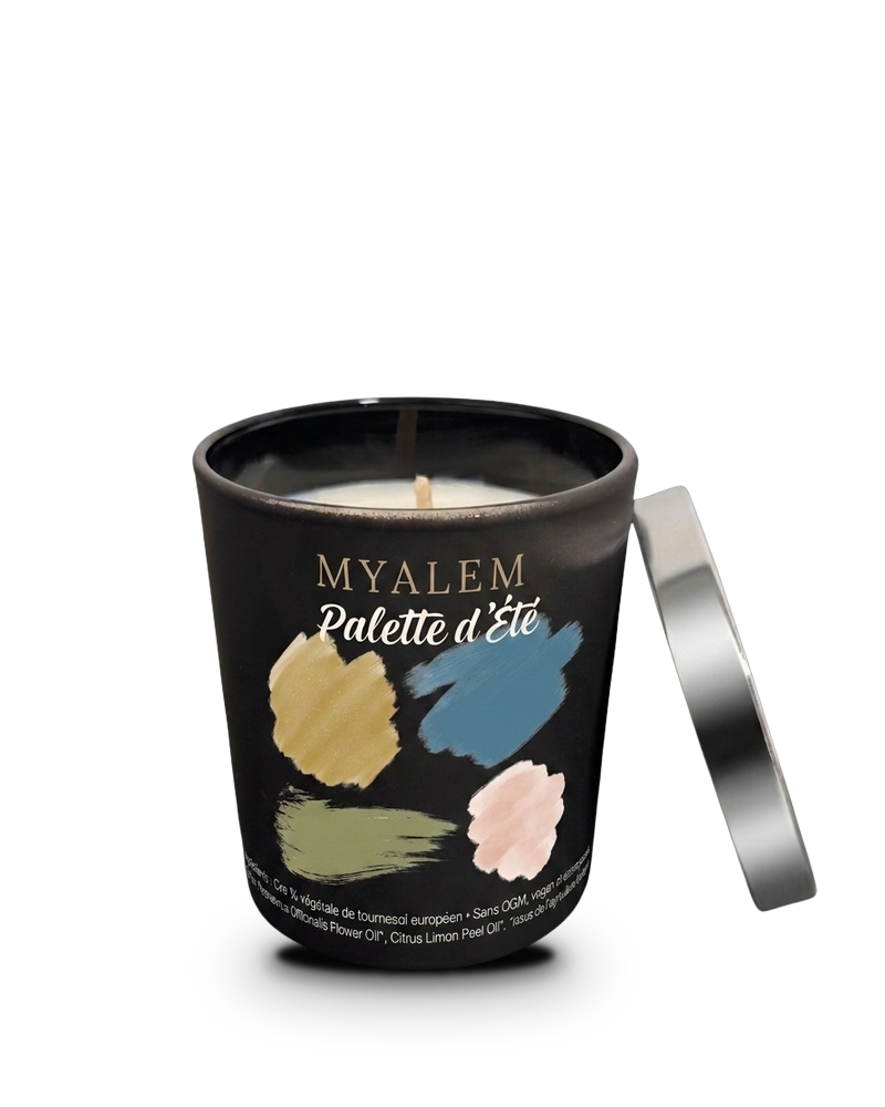 Bougie parfumée Myalem Palette d'Été, verre noir et couvercle métal