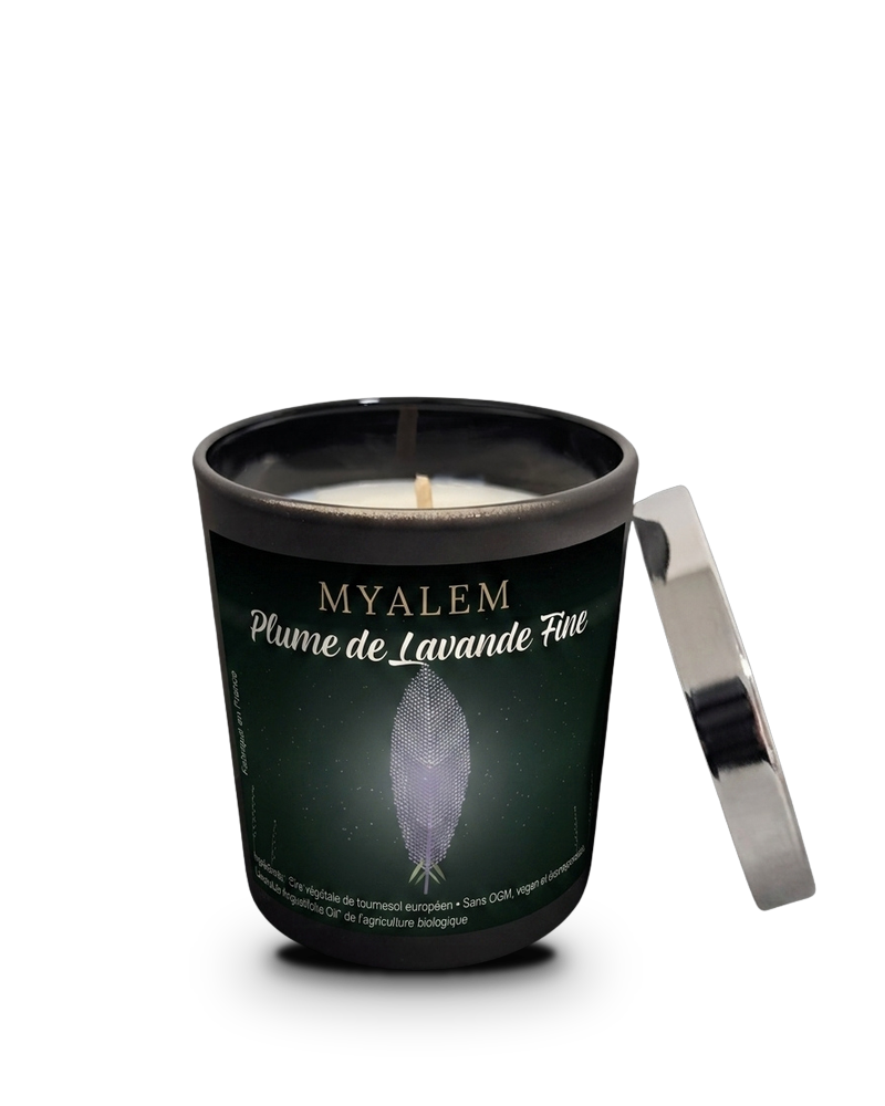 Bougie parfumée Myalem Plume de Lavande Fine, verre noir et couvercle métal