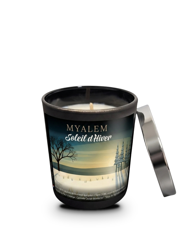 Bougie parfumée Myalem Soleil d'Hiver, verre noir et couvercle métal