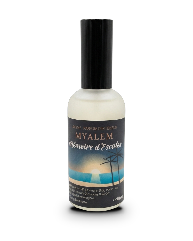 Brume parfum d'intérieur Myalem Mémoire d'Escales, flacon 100 ml