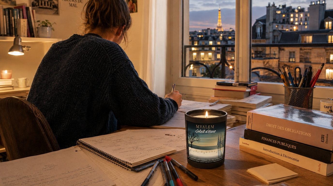 Bougie Myalem Soleil d'Hiver allumée sur un bureau de travail, devant une fenêtre ouverte sur les toits de Paris au crépuscule